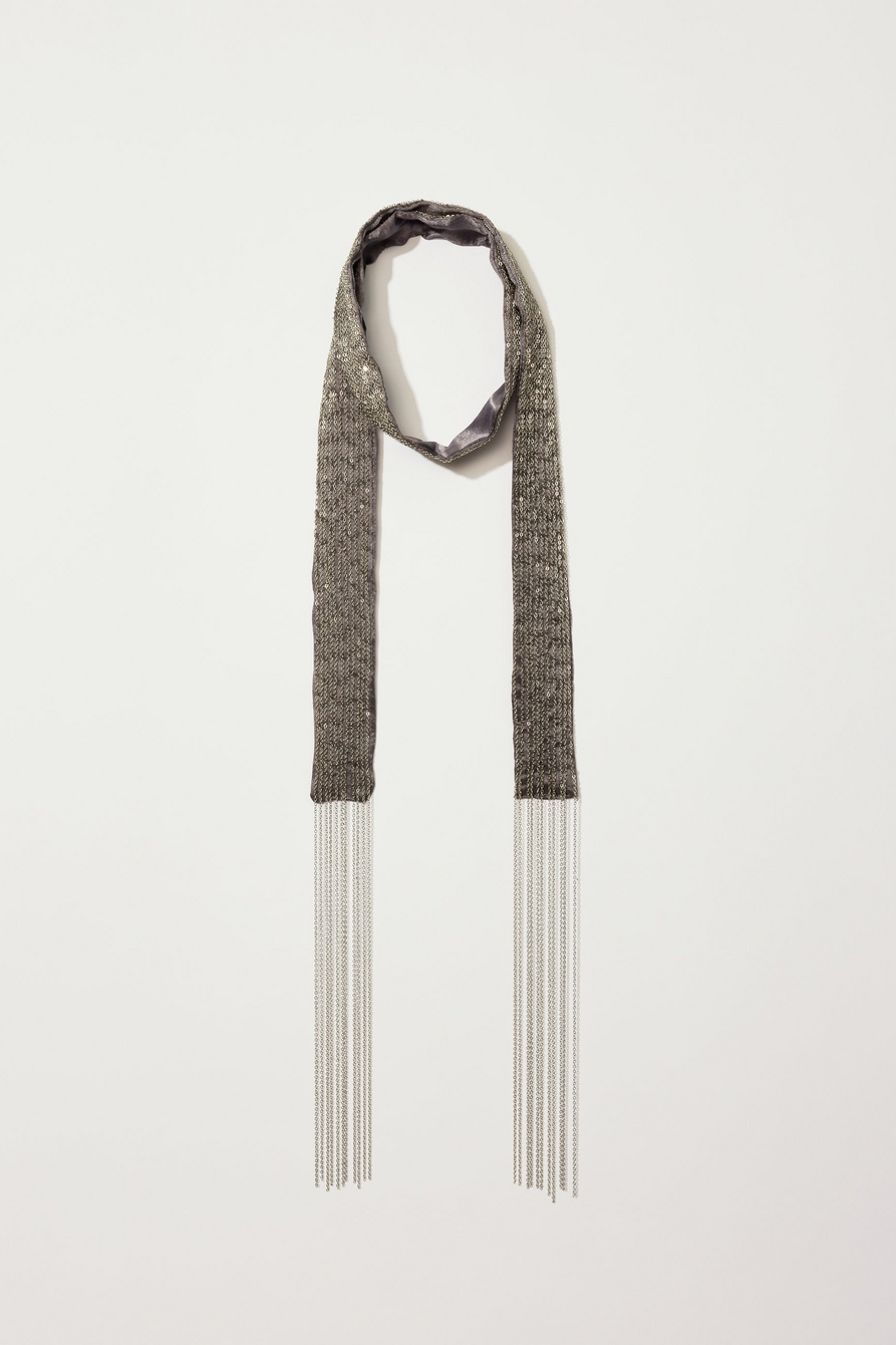 chain fringe silk skinny scarf